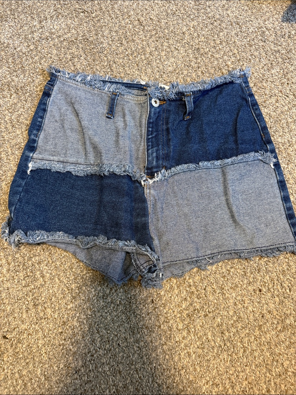 Boom Boom Jeans Two-Tone Patchwork Denim Shorts - Light Blue & Dark Blue